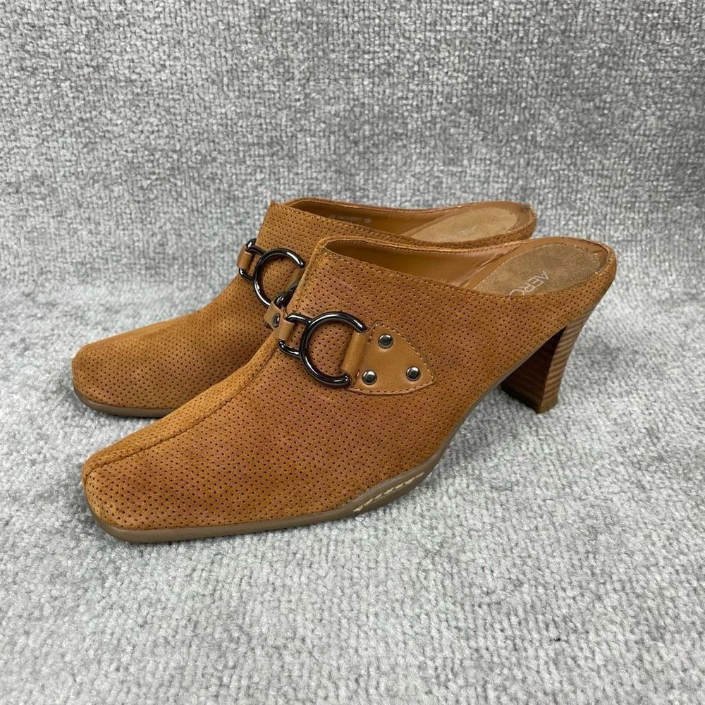 AEROSOLES Tan Perforated Mule Heels with Metal Ring Detail